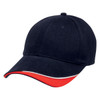 A navy cap with a red and white accent on the brim. It features a logo on the front. A navy cap with a red and white accent on the brim. It features a logo on the front.