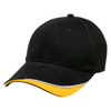 A black cap with a yellow accent on the brim and an embroidered logo on the front.