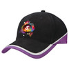 A black and purple cap featuring a multicoloured graphic design on the front and a logo. A black and purple cap featuring a multicoloured graphic design on the front and a logo.