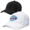 A black and a white cap with a logo, featuring a structured design and curved brims.