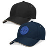 Two caps are displayed, one in black and the other in navy blue, both featuring a logo on the front.