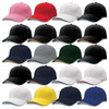 A collection of caps in various colours, including pink, red, black, grey, green, white, yellow, and navy. Each cap features a logo.