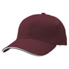 A maroon cap featuring a curved brim and a contrasting trim, equipped with a logo.