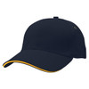 A navy cap featuring a contrasting yellow peak and a logo. Suitable for casual wear.