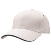 A white cap with a curved brim and a contrasting navy trim, featuring a logo on the side.