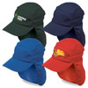 A collection of four headwear items in green, navy, red, and blue, featuring various designs and a logo.