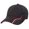 A black cap with red accents and a mesh back, featuring a logo on the front.