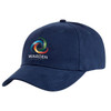 A navy cap featuring a curved brim and an embroidered logo on the front.