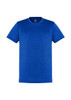 A blue short sleeve tee with a round neckline and a logo on the inside label.