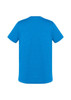 A blue short sleeve t-shirt with a simple design and a logo on the back.