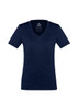 A navy short sleeve women's tee with a v-neck design and a logo at the top.