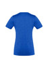 A blue women's short sleeve tee featuring a fitted design and a logo on the back.
