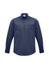 A men's long sleeve button-up shirt featuring a navy and white check pattern, with a chest pocket and a collar.