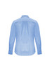 A light blue women's long sleeve button-up shirt featuring a back pleat and cuffs. It has a logo on the shirt.
