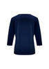 A navy women's 3/4 sleeve top with a simple design and a smooth fabric finish, featuring a logo on the back.