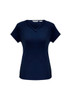 A navy short sleeve top with a double V-neck design. The top has a logo on the label.