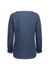 A back view of a women's navy blue boatneck top with long sleeves and a button detail at the neck.