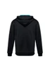 A black hoodie featuring a teal lining, designed for kids, with a logo on the back.