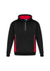 A black unisex hoodie with red accents and a zippered neckline, featuring a logo on the front.