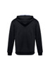 A black hoodie with a blue interior, featuring a hood and ribbed cuffs. Includes a logo on the design.