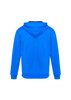 A blue hoodie with a hood, featuring a plain back design and long sleeves. The item includes a logo.