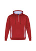 A unisex hoodie in burgundy with white side panels and a front zipper. It features a hood and a branded logo.
