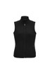 A black women's vest with a high collar and a front zip, featuring side pockets and a fitted design.