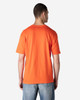 An orange adult t-shirt displayed from the back, featuring a plain design and a visible logo.