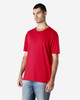 A red Gildan Softstyle adult T-shirt is displayed on a model wearing blue jeans. The shirt features a logo.