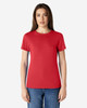 A red ladies' T-shirt with short sleeves, displayed on a model against a neutral background. The shirt features a logo.