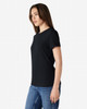 A black Gildan Softstyle ladies' t-shirt displayed on a model, side view, with blue jeans. The shirt has a logo.