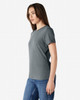 A grey Gildan Softstyle ladies' t-shirt displayed on a model, featuring a fitted design and short sleeves.