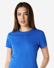 A blue ladies' T-shirt featuring a round neckline and short sleeves, with a branding logo present.