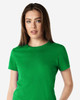 A green Gildan Softstyle ladies' t-shirt displayed on a model with long hair. The shirt has a logo on it.