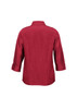 A red women's 3/4 sleeve shirt with a collar and a back view design. It features a logo on the fabric.
