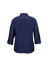A navy women's 3/4 sleeve shirt with a collar and a logo on the back.
