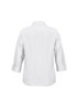 A white women's shirt with 3/4 sleeves and a collar, featuring a logo on the back.