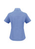 A short-sleeve blue button-up shirt with a fitted design, featuring a collar and a logo.
