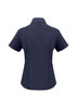 A navy blue women's short sleeve button-up shirt with a collared neckline and a fitted design at the back.
