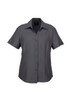 A short sleeve button-up shirt in grey with a collar and a logo on the chest.