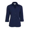 A women's button-up shirt in navy blue with 3/4 sleeves and a collar, featuring a logo on the label.