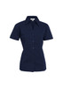 A navy short sleeve button-up shirt for women featuring a fitted design and a collar. Includes a logo.