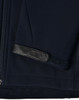 A navy softshell jacket featuring a sleek design with a leather patch on the sleeve. Includes a logo.