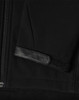 A black softshell jacket featuring a zippered front and a textured patch on the sleeve. It has a logo.