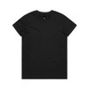 A black T-shirt featuring a round neckline and short sleeves, with a brand logo inside the collar.