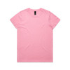 A pink T-shirt with a round neckline and short sleeves, featuring a label inside.