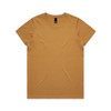 A short-sleeved, mustard yellow T-shirt with a simple design and a small logo on the tag.