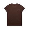 A brown t-shirt with short sleeves and a plain back. It features a logo on the back.