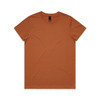 A plain t-shirt in a warm, earthy orange colour. It has a round neckline and a minimalist design.