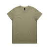 A plain olive green T-shirt with short sleeves and a round neckline, featuring a logo on the label.